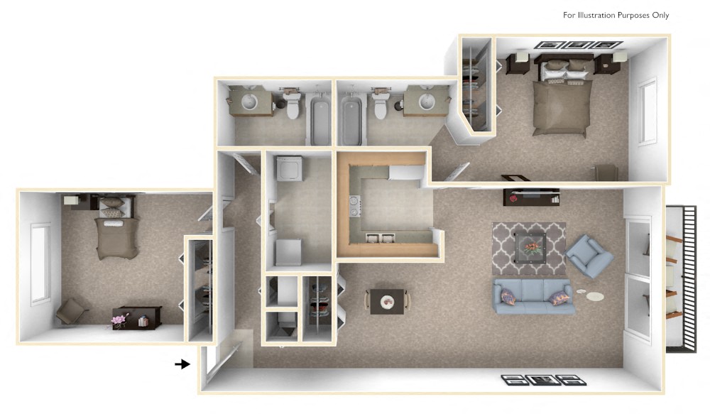 Floor plan for 2 beds, 2 baths, 978 sqft